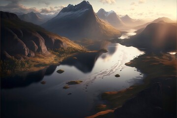 Sunrise in the mountains And Lake. Generative Ai