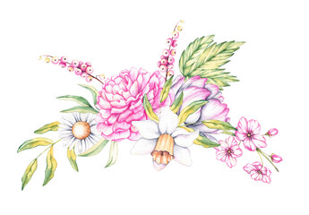 Watercolor bouquet of spring flowers on a white background