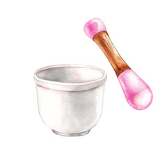 Watercolor bowl and pestle on a white background