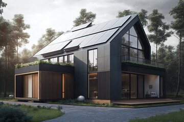 Fototapeta na wymiar modern house with solar panels on the roof, generative AI