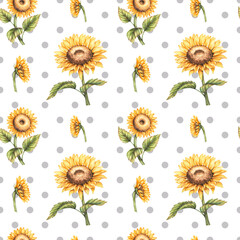Watercolor pattern with sunflowers and gray circles on a white background