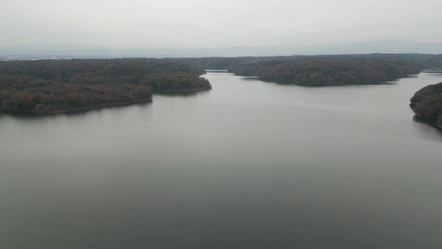 Aerial drone footage of Sayama lake reservoir, Saitama Prefecture, Japan.