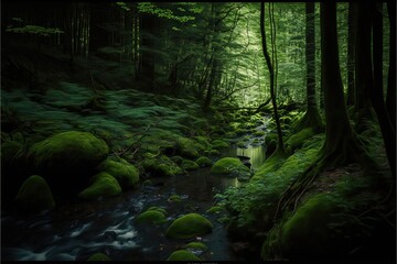 Obraz premium Narrow Canal passing Through a Green Forest/Jungle. Generative AI