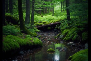 Obraz premium Narrow Canal passing Through a Green Forest/Jungle. Generative AI