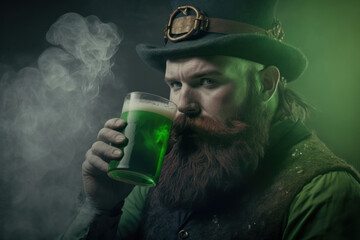 Brutal bearded man with glass of green beer in a green costume and hat. St.Patrick 's Day. Copy space. Photorealistic drawing generated by AI.