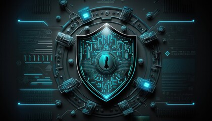 Fototapeta premium Computer cybersecurity shield lock technology background concept generative ai