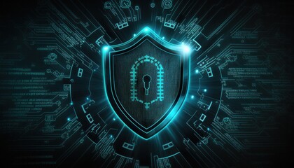 Computer cybersecurity shield lock technology background concept generative ai