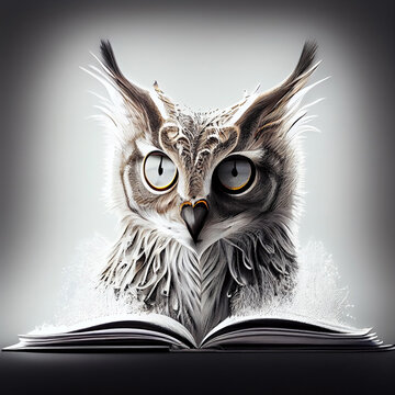 A fairy-tale animal that looks like an owl, a lynx and a cat at the same time, above the pages of an open book.