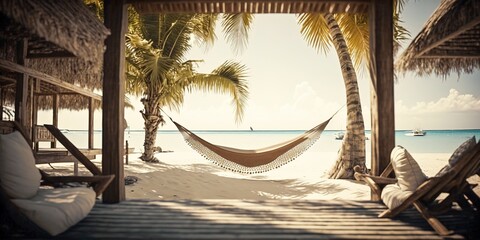 luxury beach with hammock and palm trees, blue sea and white sand, generative ai