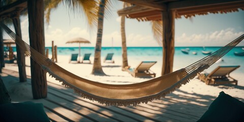 luxury beach with hammock and palm trees, blue sea and white sand, generative ai