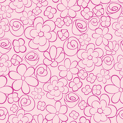 This seamless pattern showcases soft pink outlines of blooming flowers set against a lighter pink backdrop, adding a touch of sweetness and femininity to any design.