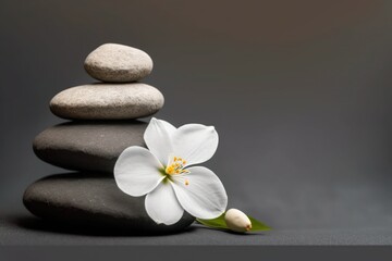 Zen pebble stones and white flower on gray background. Generative AI