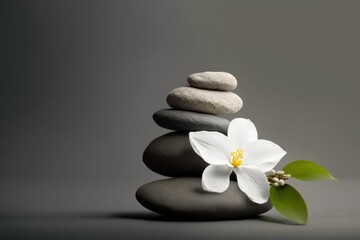 Fototapeta na wymiar Zen pebble stones and white flower on gray background. Generative AI