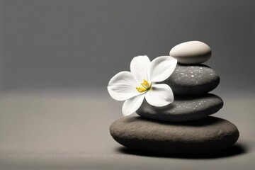 Fototapeta na wymiar Zen pebble stones and white flower on gray background. Generative AI