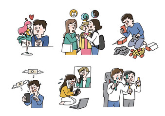 推し活をする人々のイラストセット