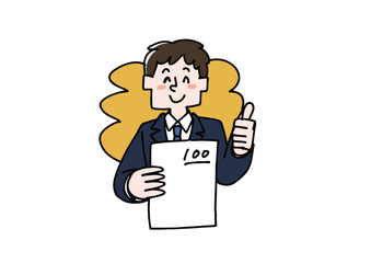 テストで100点を取った男性　塾や通信教育で学ぶ男の子のイラスト