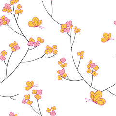This elegant seamless pattern features branches, simple flowers, and fluttering butterflies set against a pristine white background, exuding grace and sophistication.