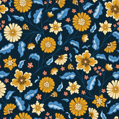 Indian Trailing Flowers Vector Seamless Pattern. Cottagecore Chintz Floral on Dark Navy Background. Delicate Summer Boho Print