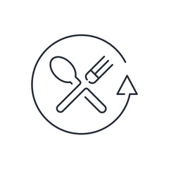The movement of a spoon with a fork. Delicious, balanced food. Vector linear icon isolated on white background.