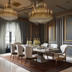 An elegant dining room with a chandelier and bone china dinner set2, Generative AI