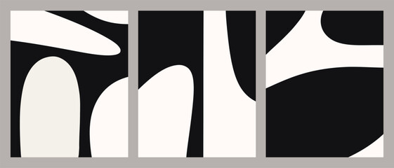 Minimalist Abstract Art Mid-Century Modern Style Black and White Vector Illustration Set of 3