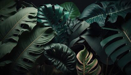 Naklejka na ściany i meble Baroque style in deep dark colors and shades of green of tropical jungle leaves background concept generative ai