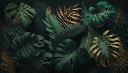 Fototapeta na wymiar Baroque style in deep dark colors and shades of green of tropical jungle leaves background concept generative ai