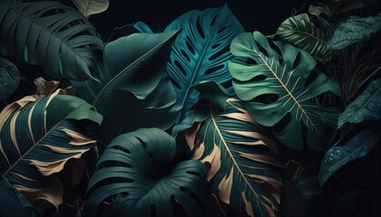 Baroque style in deep dark colors and shades of green of tropical jungle leaves background concept generative ai