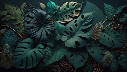 Naklejka na ściany i meble Baroque style in deep dark colors and shades of green of tropical jungle leaves background concept generative ai