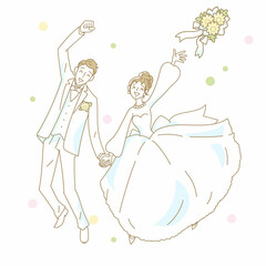 手をつないでブーケトスをする結婚式のカップル