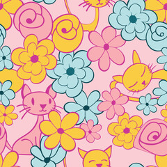 This charming seamless pattern features playful cats hiding behind stylized flowers in shades of pink, yellow, and blue on a light pink background.