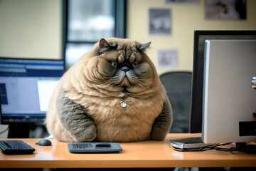 A fat cat is sitting at the office table in front of a computer, generative AI