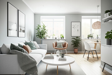 Fototapeta na wymiar Illustration of a modern light scandinavian apartment livingroom