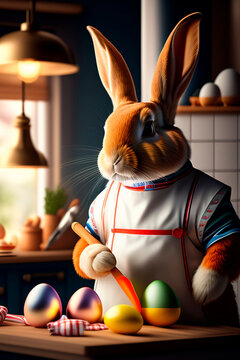 Bunny dressed as a chef making easter eggs