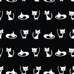 This seamless pattern features sleek cat silhouettes against a black backdrop. The simplistic style is elegant and modern, perfect for adding a touch of sophistication to any project.