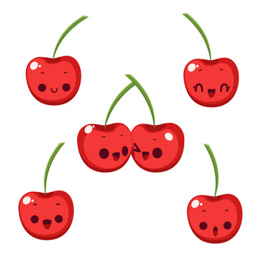 cerezas kawaii, illustracion de cerezas, cerezas de caricatura, cereza clipart, diferentes emociones, cerezas vector, ilustracion bonita, ilustracion infantil
