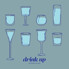Variety of illustrated vector drinking glasses, clean minimalist style
