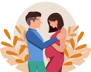 Pregnant woman, future mother and hugging her belly with arms. Vector illustration.