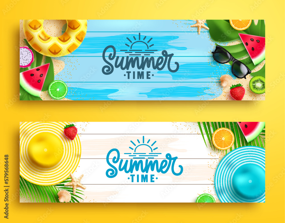 Poster summer time vector banner set design. summer time text with beach elements in wood texture backgroun