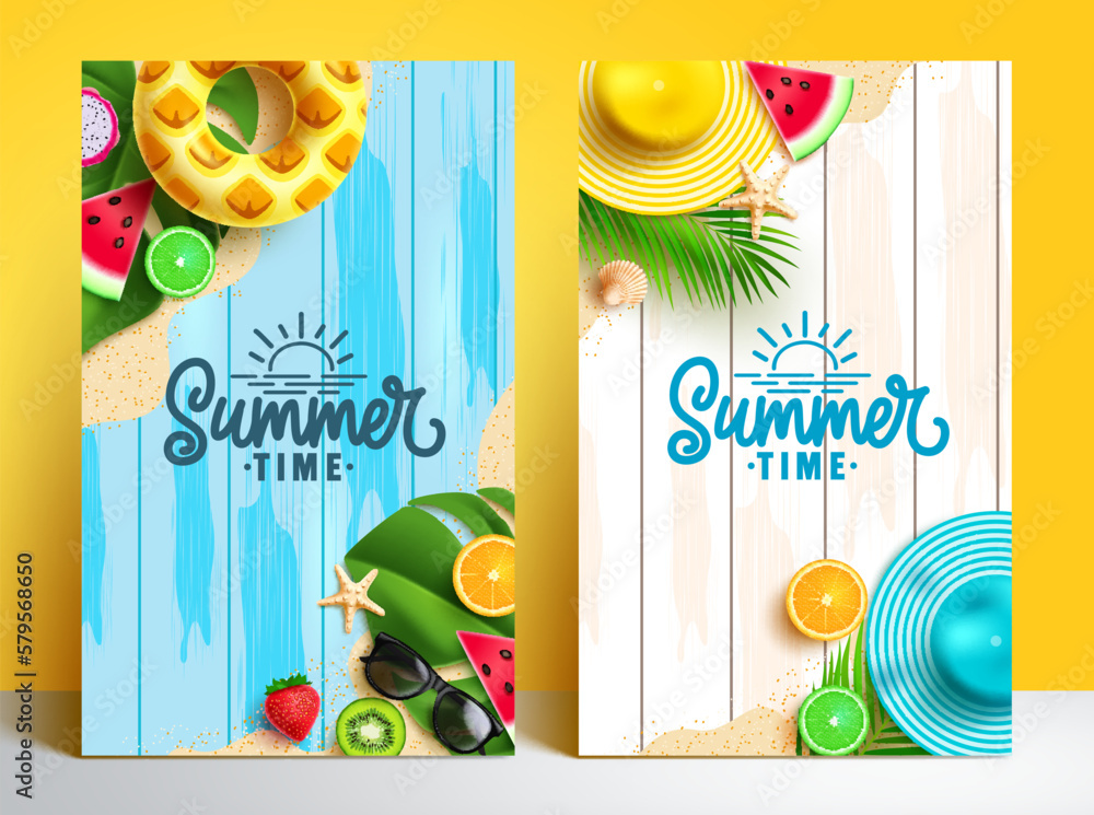 Canvas Prints summer time vector poster set design. summer time text in wood texture background with beach fresh f