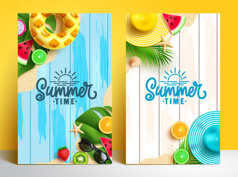 Summer time vector poster set design. Summer time text in wood texture background with beach fresh fruit elements. Vector illustration summer background. 