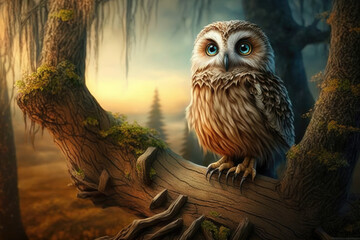 Adorable little owl sitting on a tree in a fantasy landscape, generative AI