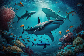 Fototapeta na wymiar Beauty of the sharks underwater ocean with aquatic animals and coral, generative Ai