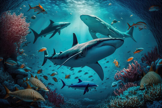 Beauty of the sharks underwater ocean with aquatic animals and coral, generative Ai