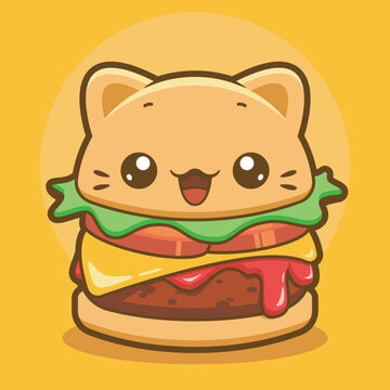 Hamburguesa gato kawaii, hamburguesa en forma de gato,  gatito en forma de hamburguesa, hamburguesa kawaii, ilustracion infantil, caricatura, vector, sin fondo, ilustracion bonita