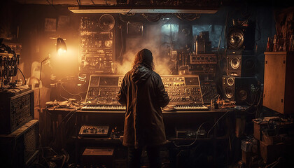 Music Engineer, The engineer is in a dark and dingy basement studio, surrounded by old equipment and vintage instruments Generative Ai