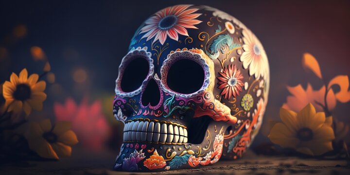 Day of the dead skull with blur background and candle lights, Generative AI
