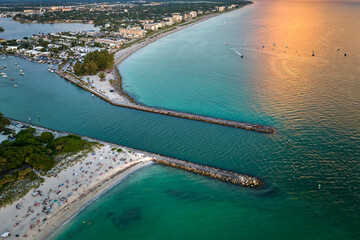 Aerial evening seascape with Nokomis sandy beach in Sarasota County, USA. Many tourists enjoing...