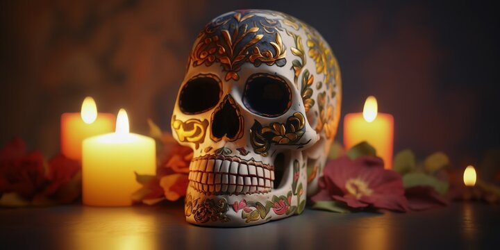Day of the dead skull with blur background and candle lights, Generative AI