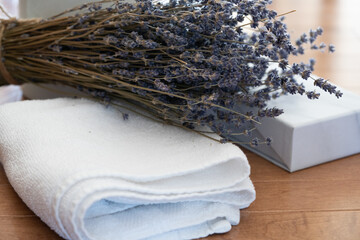 lavender bunch on a white towel, spa